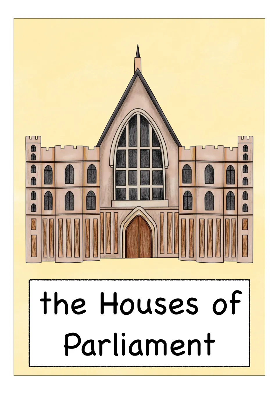 England landmark flashcard labeled 'the Houses of Parliament,' showing a building with a tall arched window