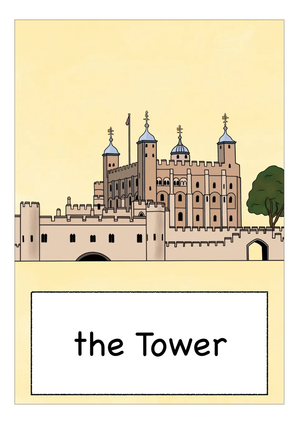 England landmark flashcard labeled 'the Tower,' showing a fortress with outer walls and turreted towers