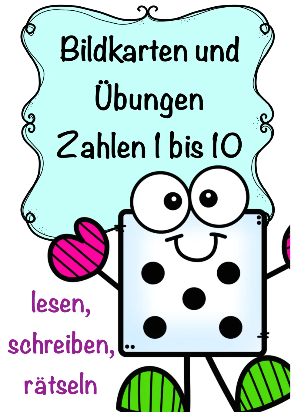 Cover of the German number resource: picture cards and exercises for numbers 1–10, with reading and writing