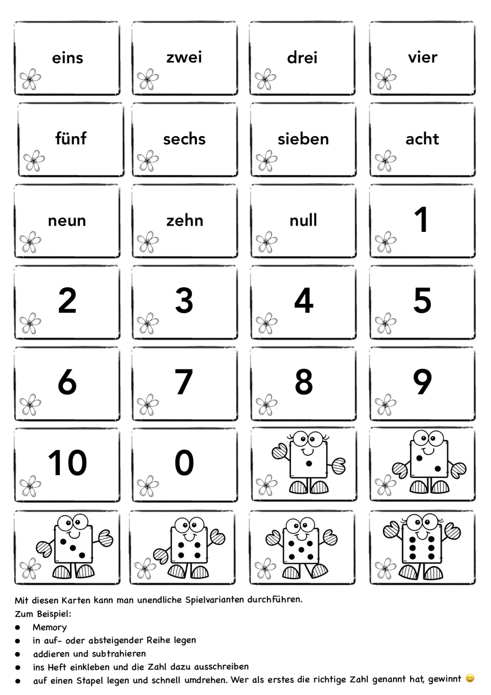 German number card sheet: 11 words from null (zero) to zehn (ten), 11 numerals, and six dice picture cards