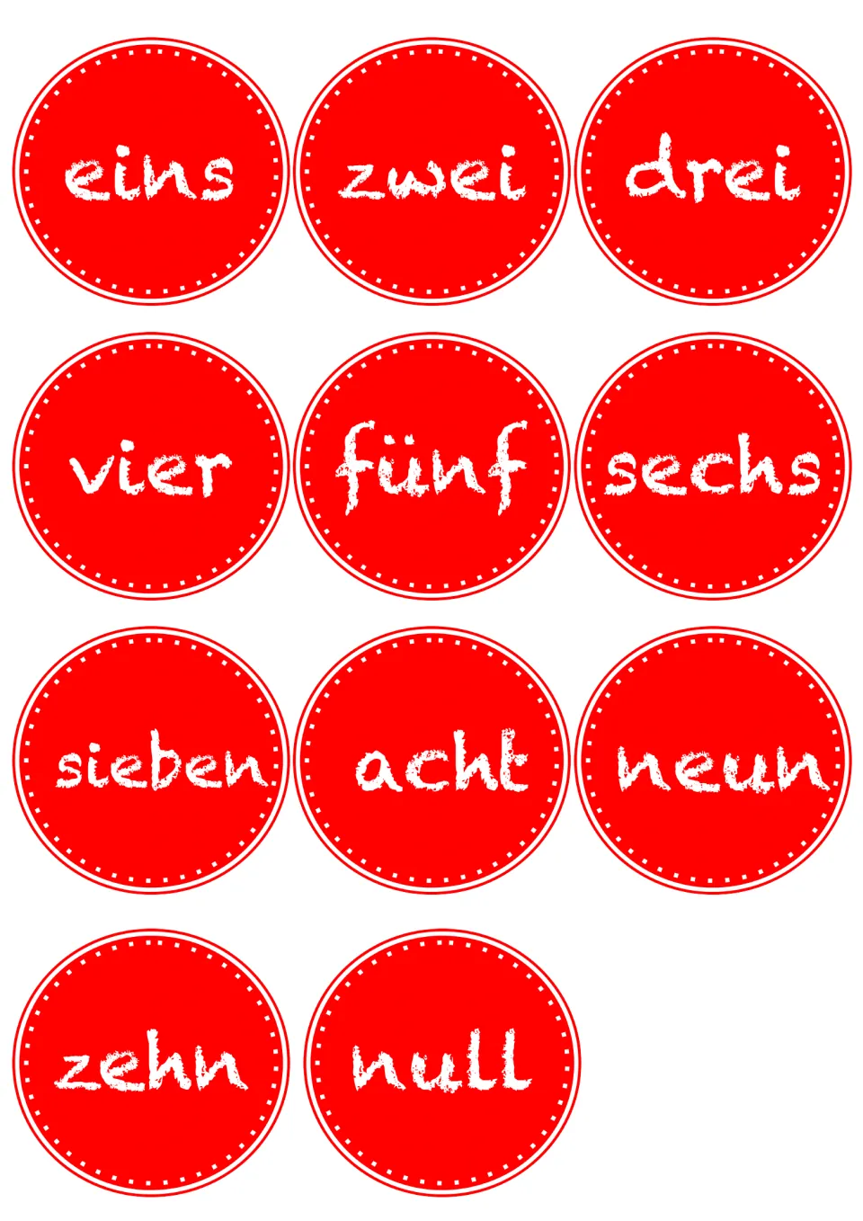 German number word cards: eins (one) through zehn (ten), plus null (zero), for 11 vocabulary cards total