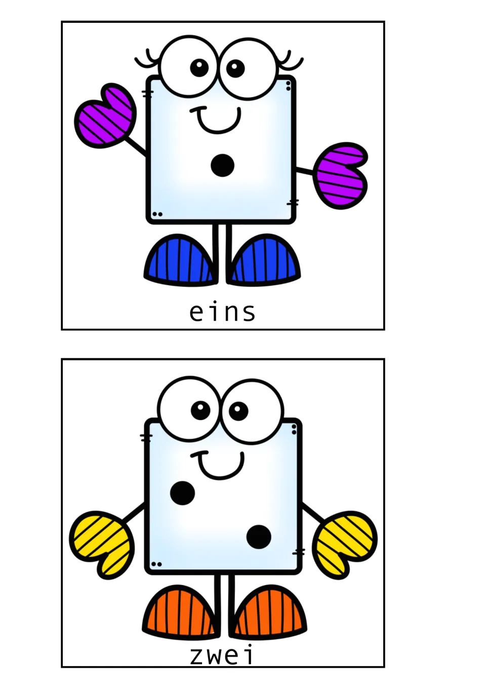 German dice vocabulary cards for eins (one) and zwei (two), showing one and two dots on dice characters