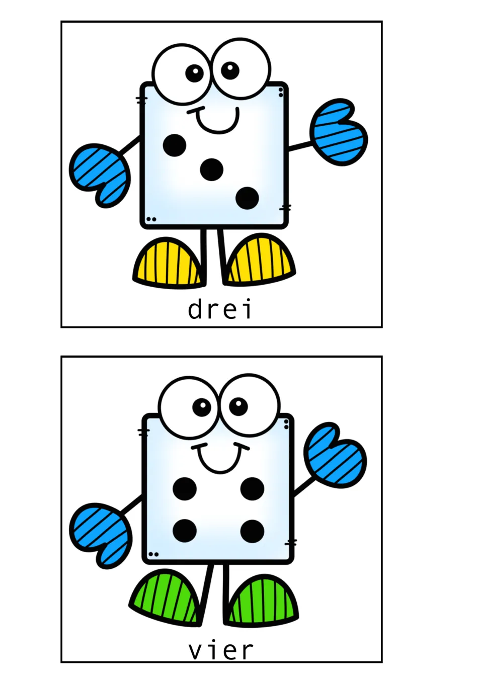 German dice vocabulary cards for drei (three) and vier (four), showing three and four dots to count