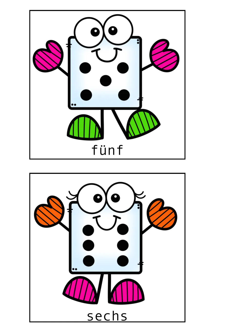 German dice vocabulary cards for fünf (five) and sechs (six), showing five and six dots to count