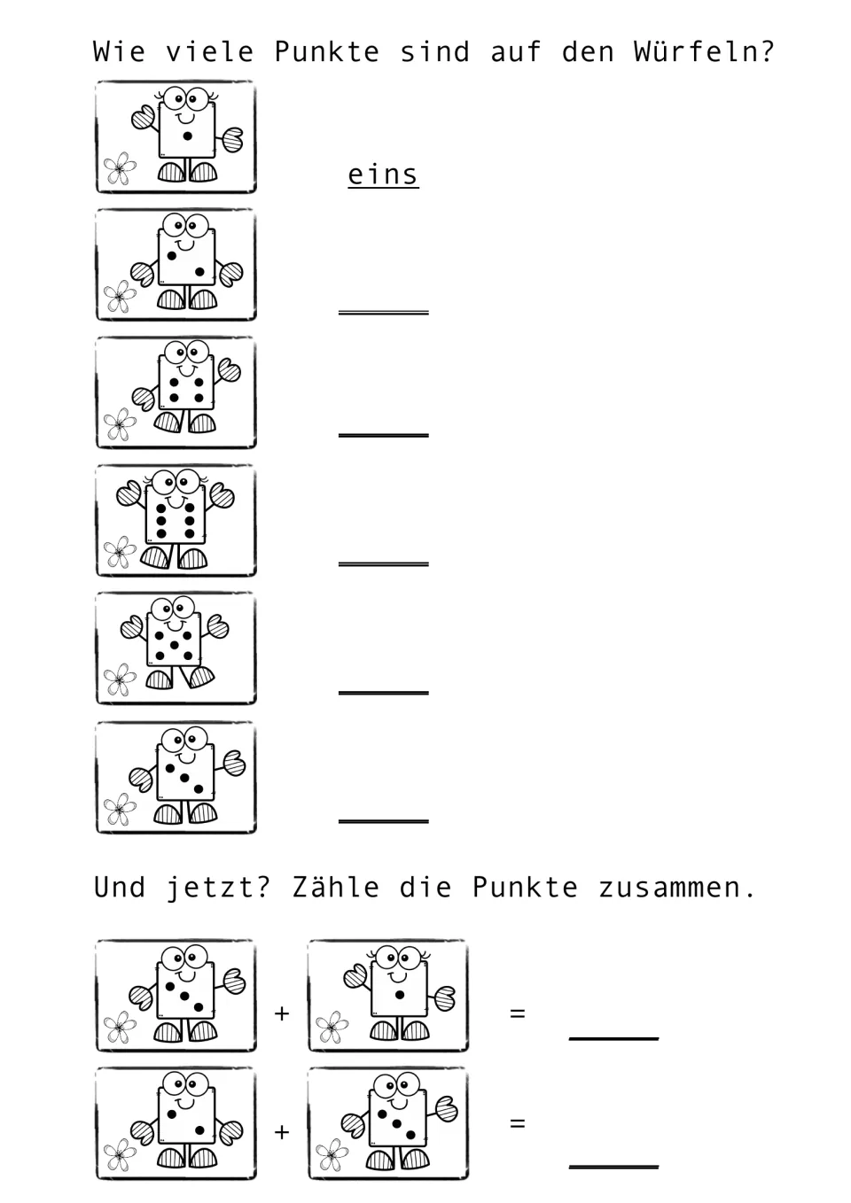German counting practice: write words for dice showing 1, 2, 4, 6, 5, and 3, then add 3 + 1 and 2 + 3