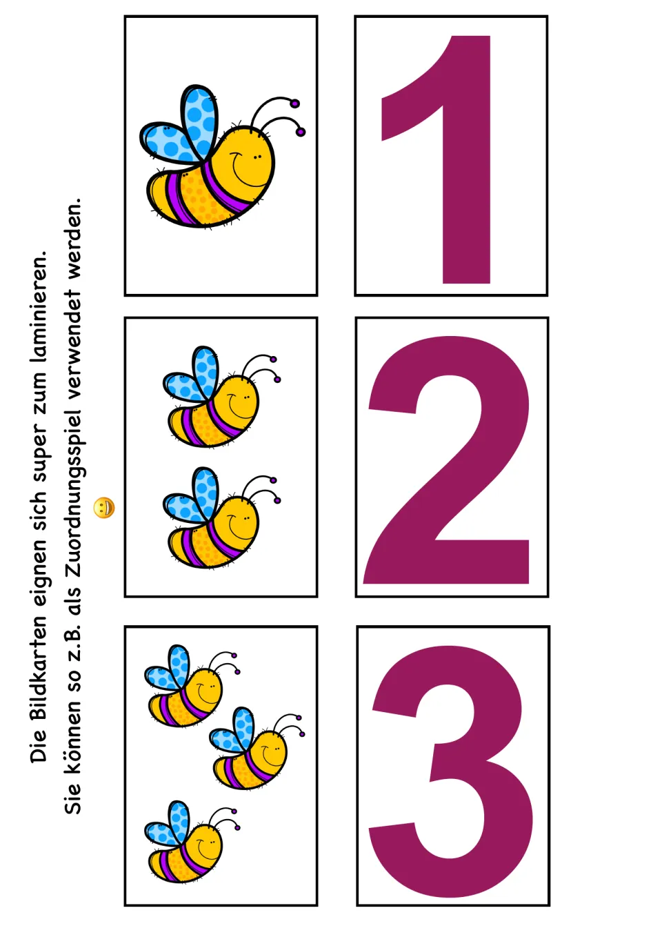 German number matching cards: groups of one, two, and three bees paired with numeral cards 1, 2, and 3