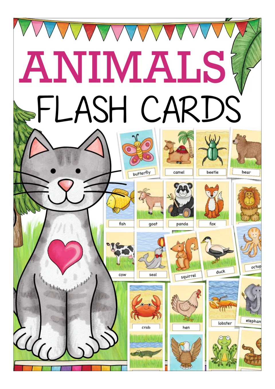 Cover of the animal flashcard set titled 'Animals Flash Cards', showing examples of labeled animal cards