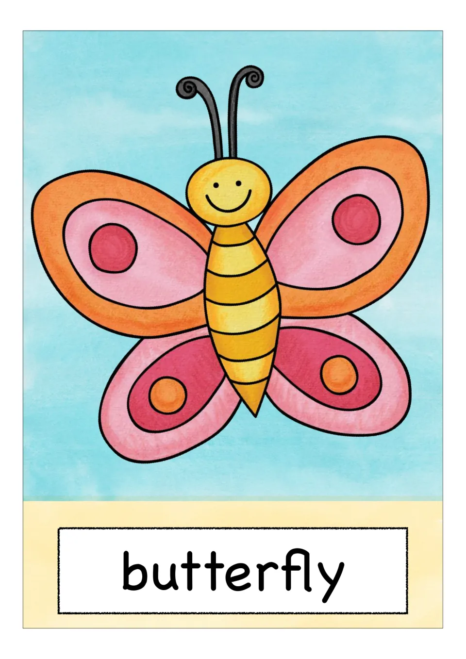 Animal vocabulary flashcard labeled 'butterfly', showing a butterfly with orange and pink patterned wings
