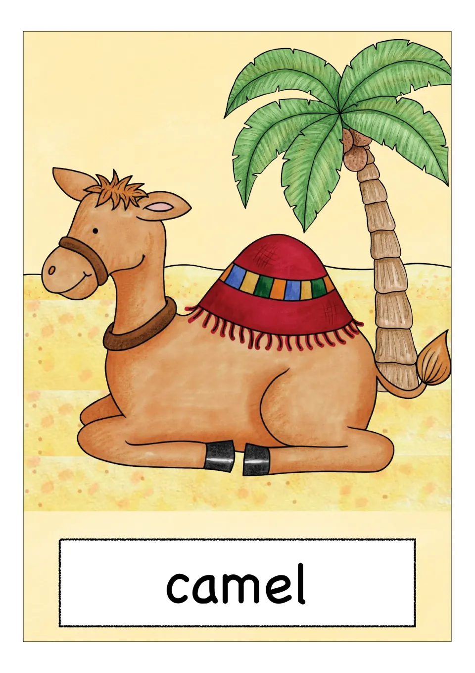 Animal vocabulary flashcard labeled 'camel', showing a seated camel wearing a red covering over its hump