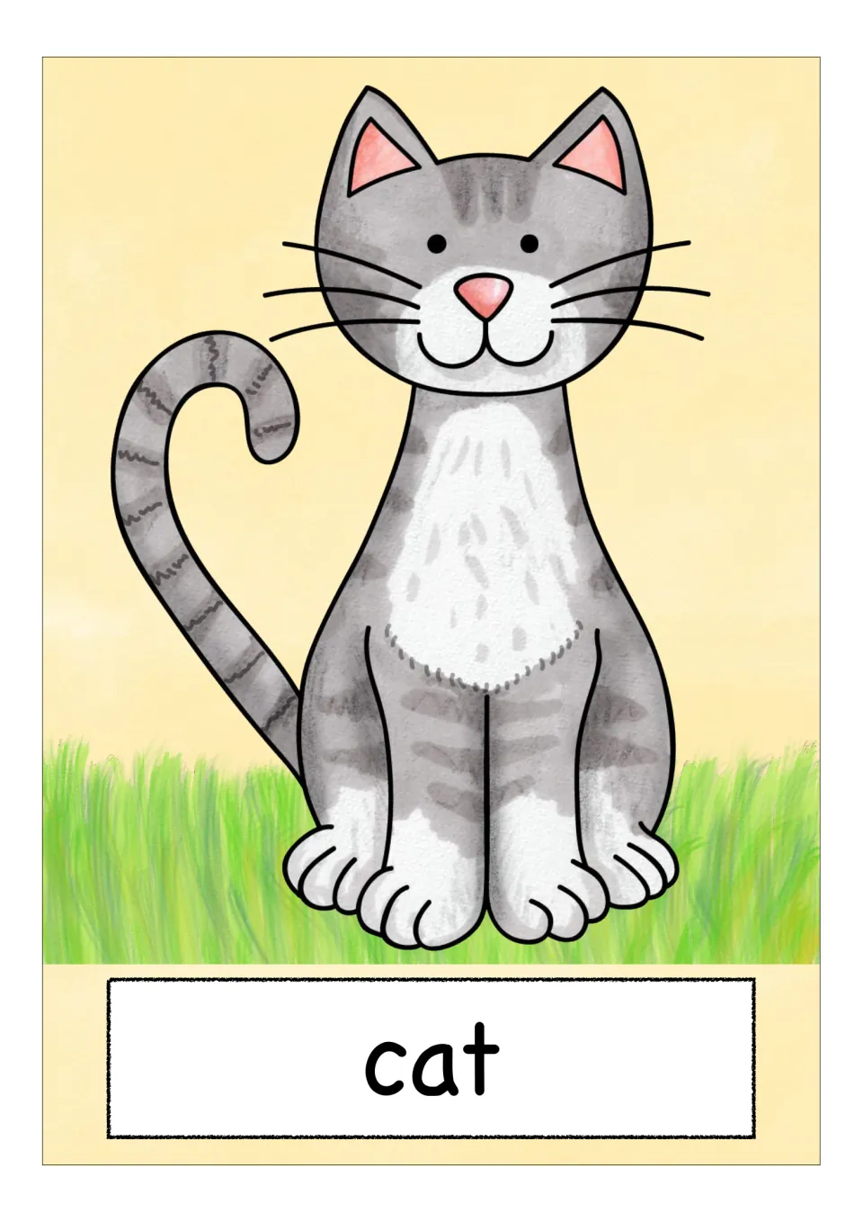 Animal vocabulary flashcard labeled 'cat', showing a seated gray striped cat with whiskers and a curled tail