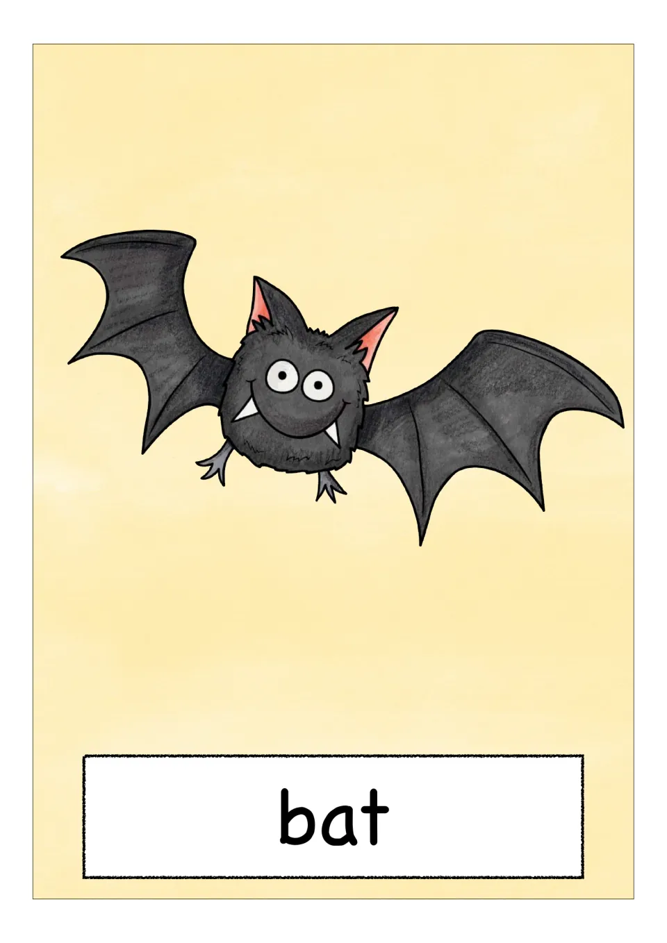Animal vocabulary flashcard labeled 'bat', showing a dark gray cartoon bat with pointed ears and spread wings