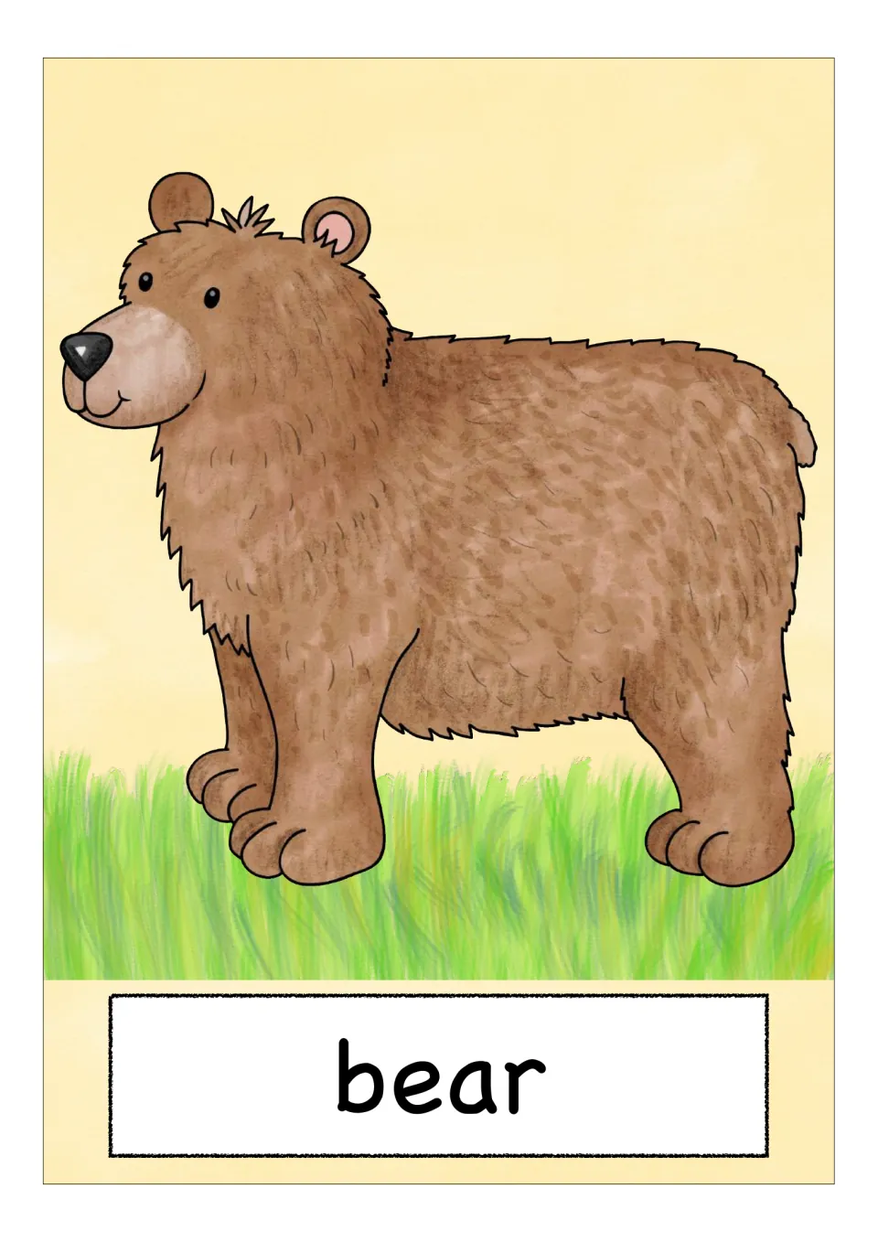 Animal vocabulary flashcard labeled 'bear', showing a brown bear standing on four legs with its head turned