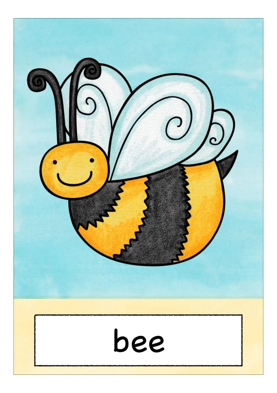 Animal vocabulary flashcard labeled 'bee', showing a yellow and black striped cartoon bee with pale wings