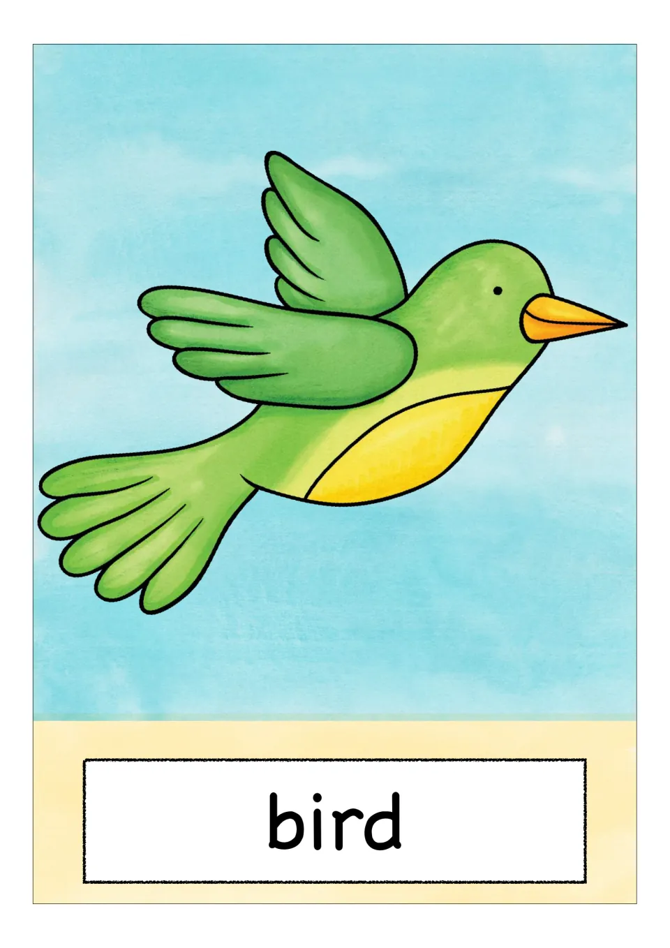 Animal vocabulary flashcard labeled 'bird', showing a flying green bird with a yellow belly and orange beak