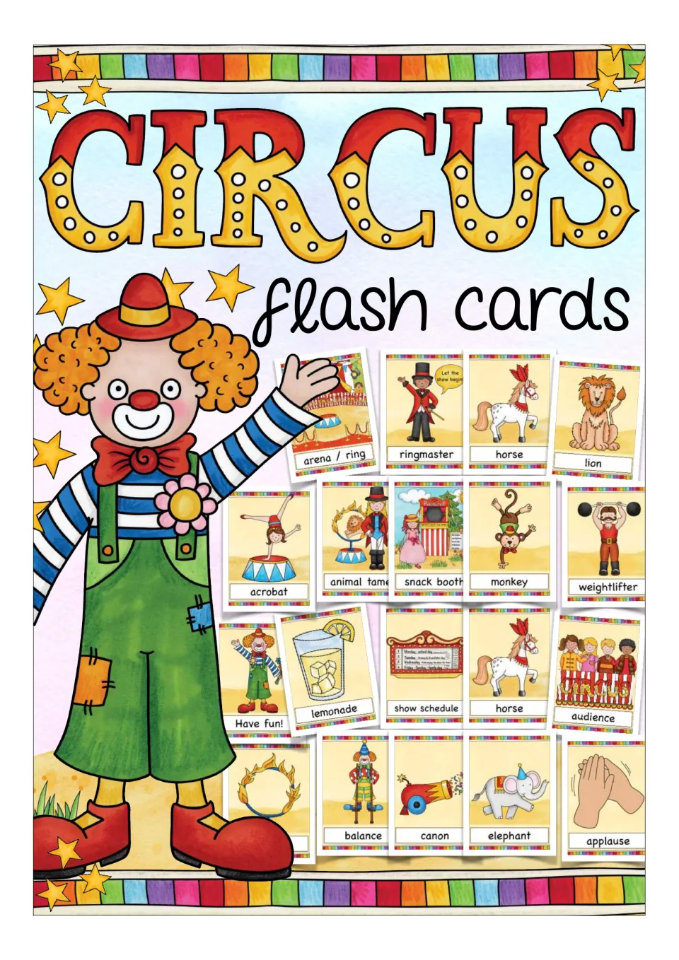 Circus flash cards cover: a waving clown beside sample picture cards such as ringmaster, acrobat, lion and elephant