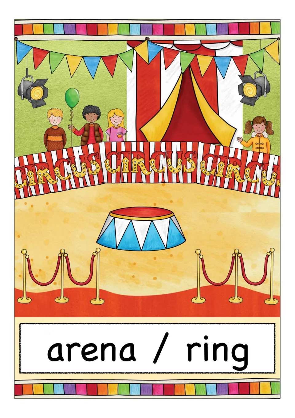 Picture card for arena / ring: children watch from behind a striped CIRCUS barrier as a pedestal waits on the sand floor