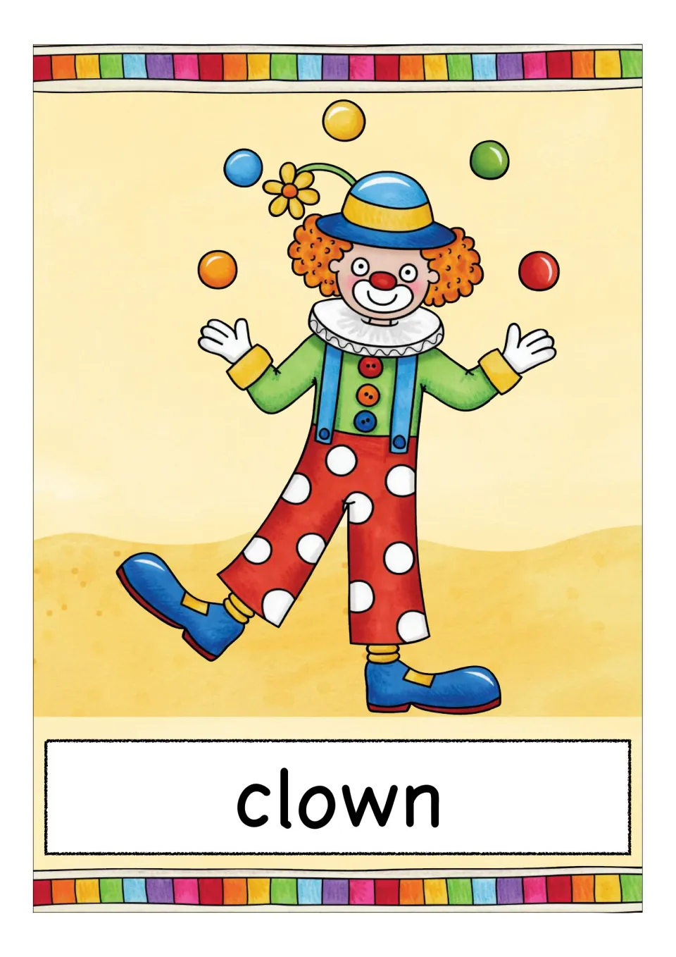 Clown vocabulary card: a red-nosed entertainer in polka-dot trousers and big blue shoes juggles five colored balls