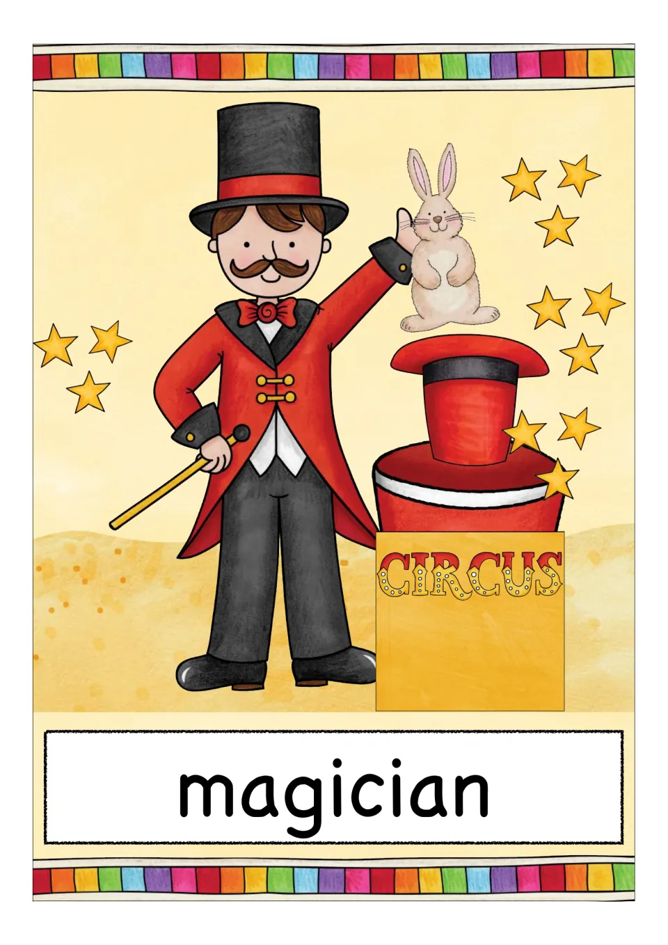Magician vocabulary card: a mustached man in black and red lifts a rabbit out of a red hat on a CIRCUS box, stars all around