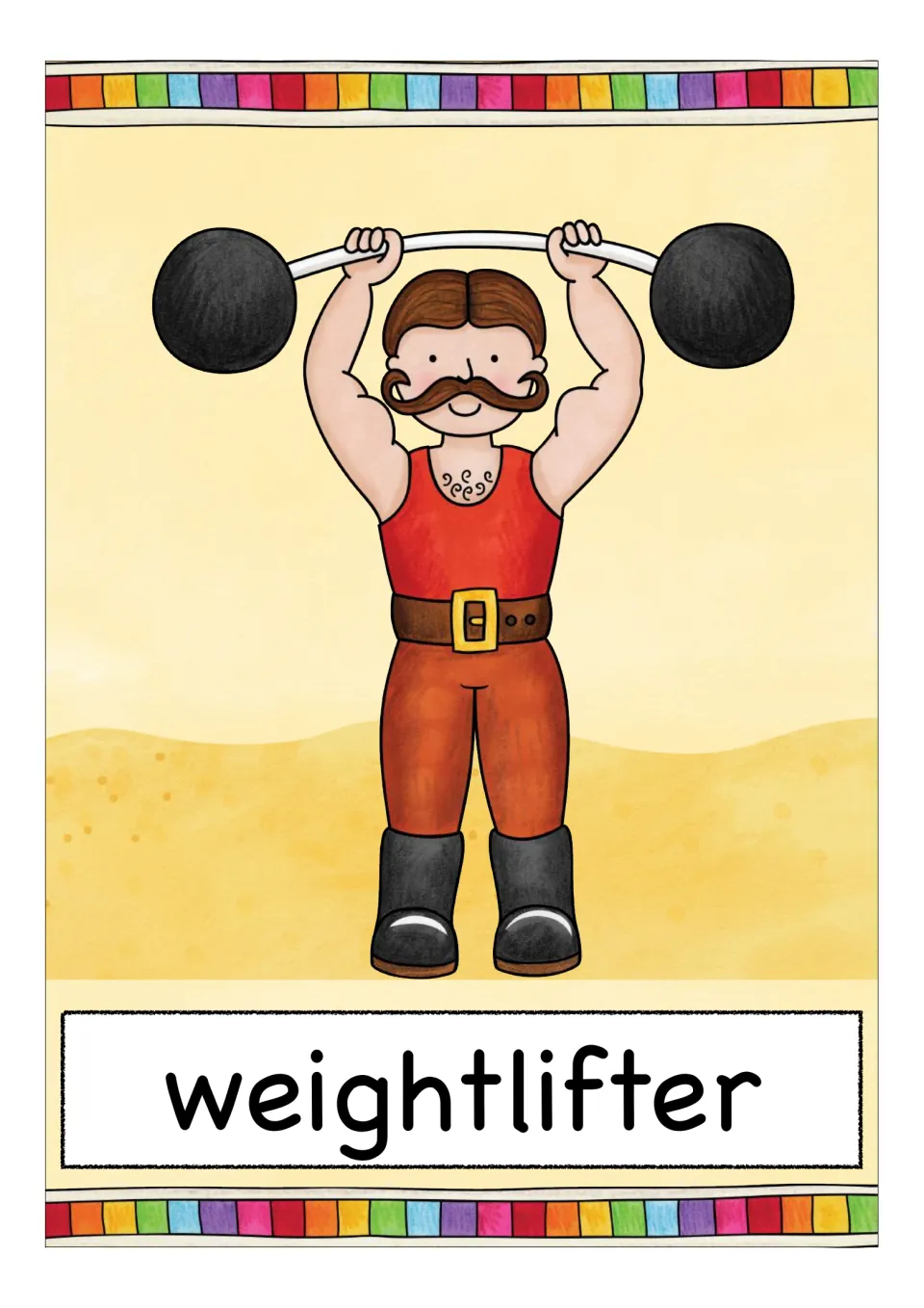 Weightlifter vocabulary card: a mustached strongman in a red vest raises a heavy barbell over his head