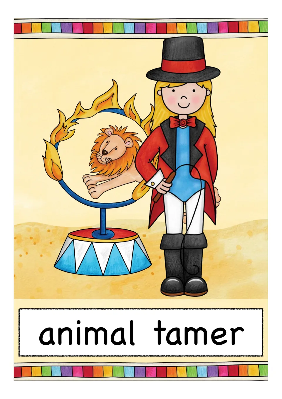 Animal tamer vocabulary card: a woman in a top hat holds a whip as a lion leaps through a flaming ring on a stand