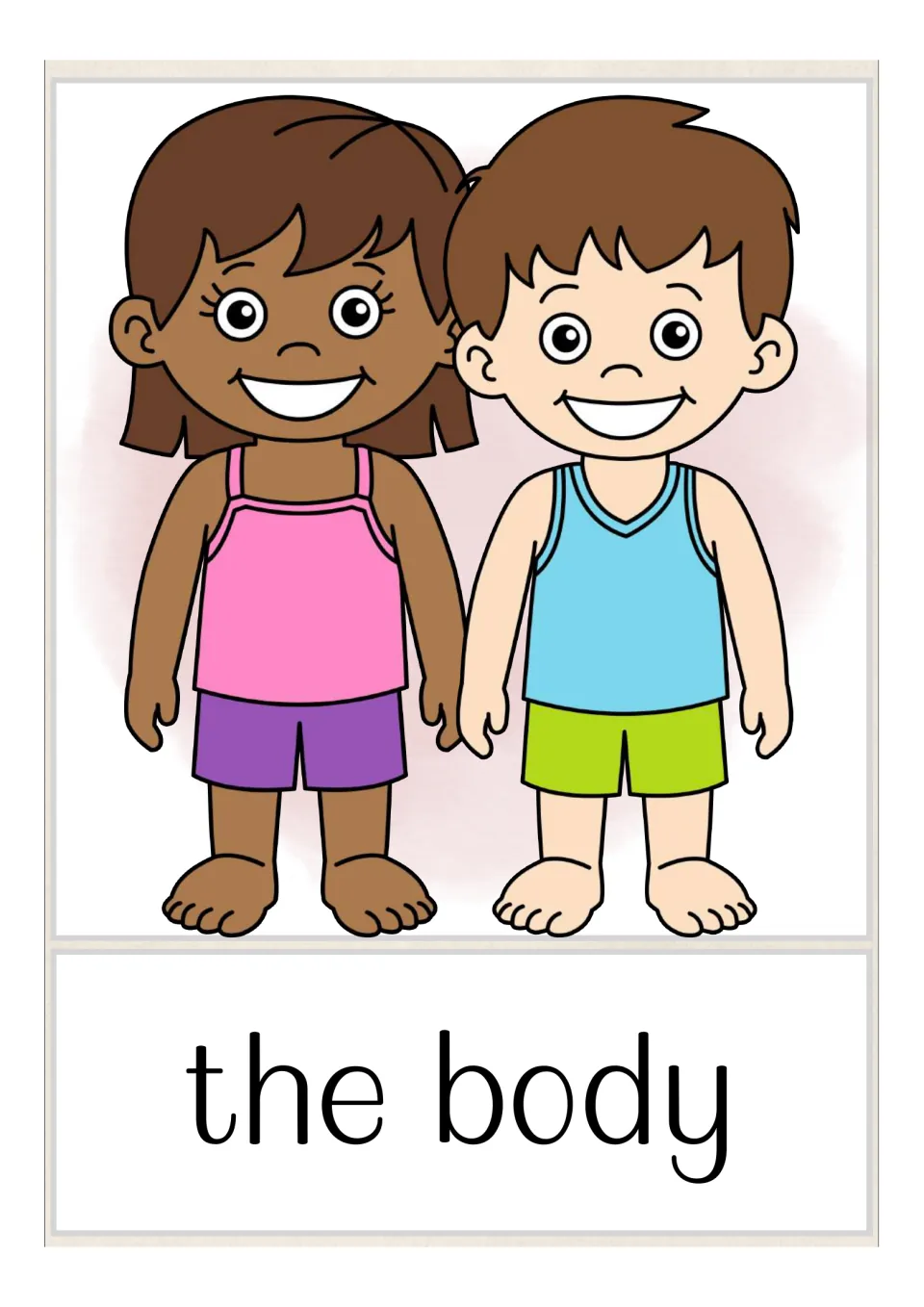 Body vocabulary card for the words the body, showing a girl and a boy standing side by side in tank tops and shorts