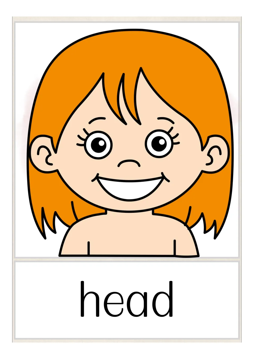 Head vocabulary card: a smiling girl with orange shoulder-length hair shown from the shoulders up, labelled head