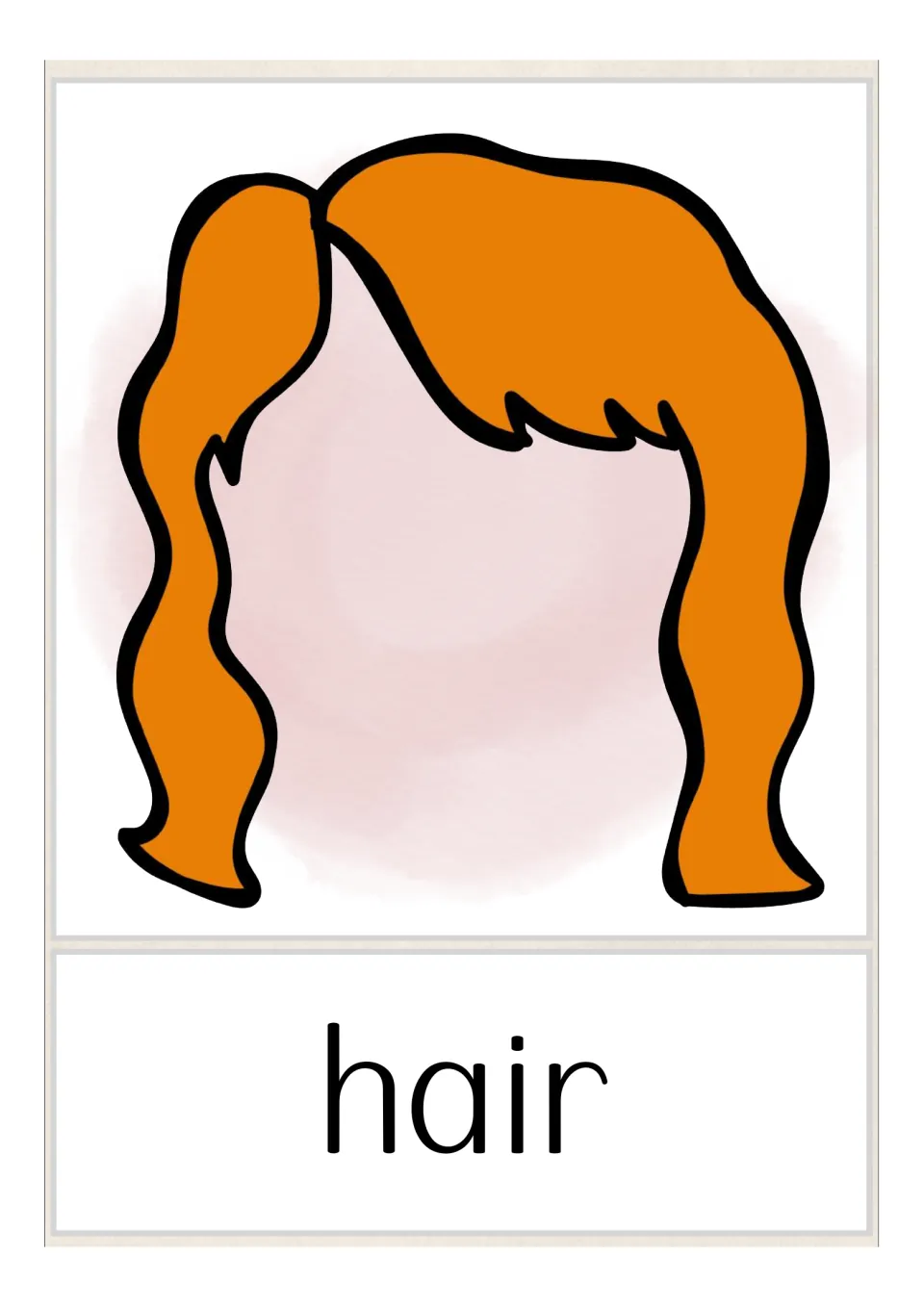 Hair vocabulary card: a wavy orange hairstyle drawn on its own with no face, labelled with the word hair