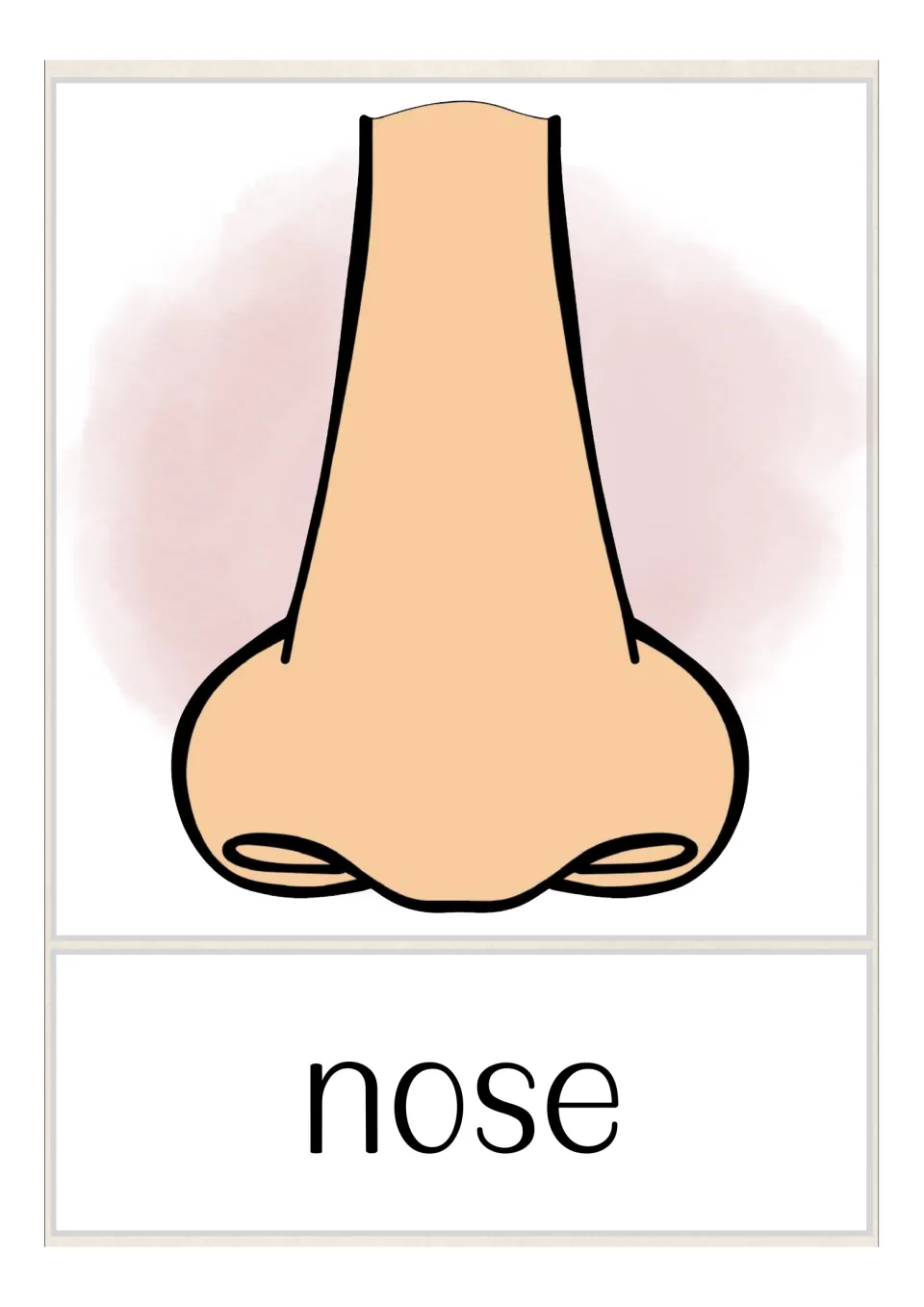 Nose vocabulary card: a large drawing of a nose with both nostrils visible, labelled with the word nose