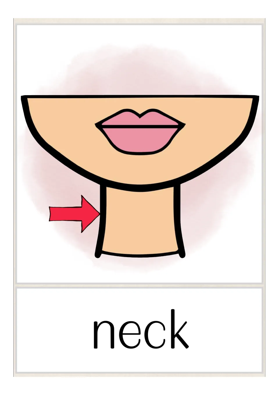 Neck vocabulary card: a red arrow points to the neck below a chin and closed pink lips, labelled with the word neck
