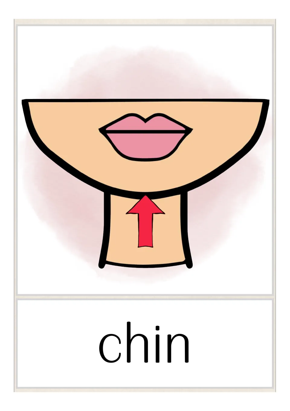 Chin vocabulary card: a red arrow on the neck points up to the chin below closed pink lips, labelled with the word chin