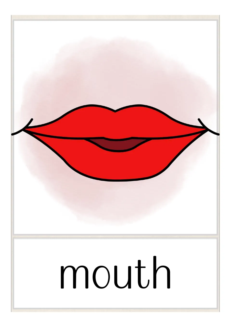 Mouth vocabulary card: a close-up of slightly parted red lips, labelled with the word mouth for naming facial features