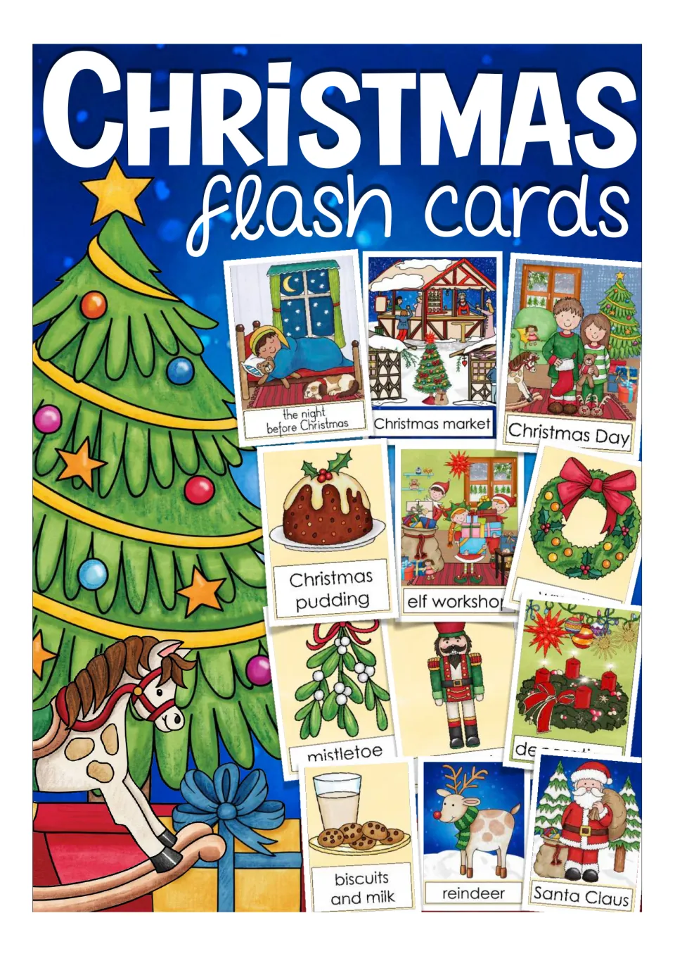 Christmas flash cards cover previewing picture-word cards such as Santa Claus, reindeer, mistletoe and biscuits and milk