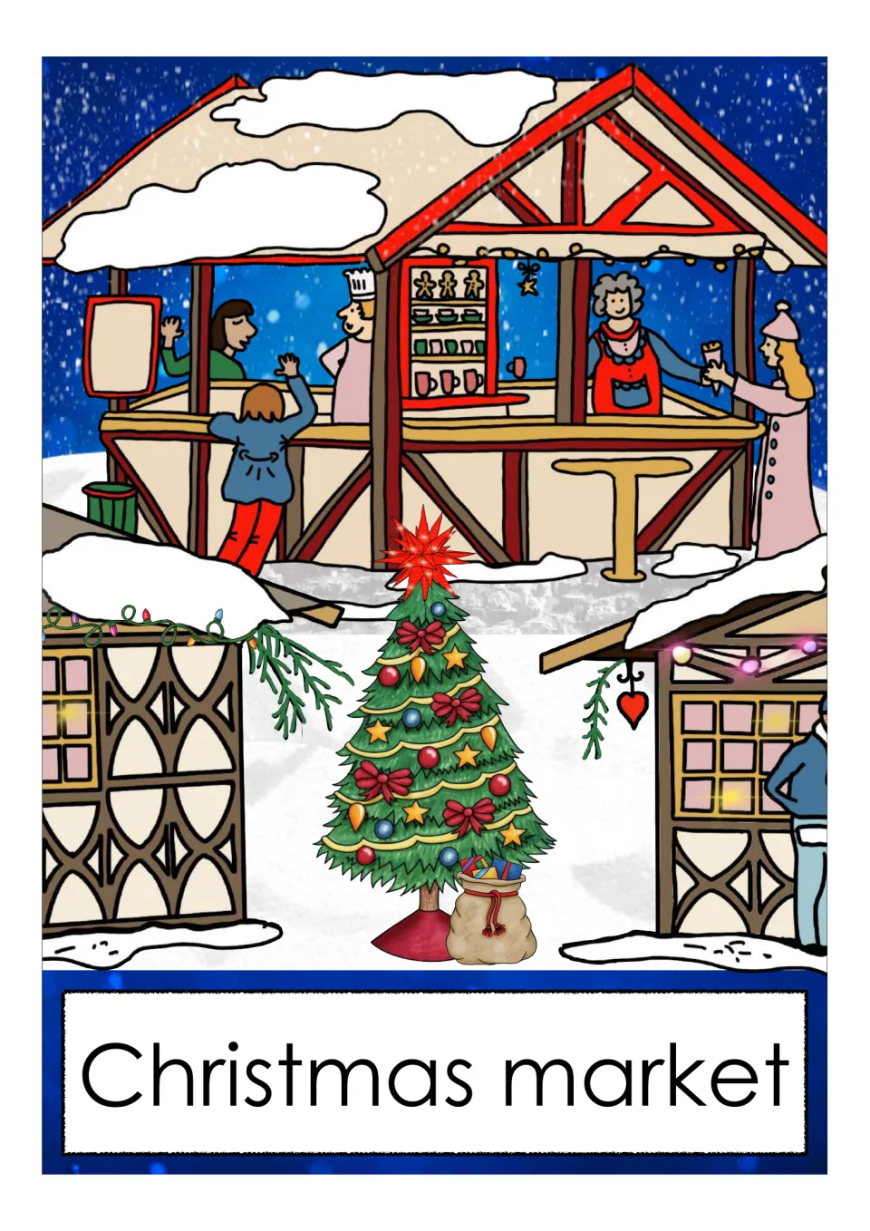 Christmas market vocabulary card: snowy timber stalls, a cook, shoppers and a decorated tree pictured above the label