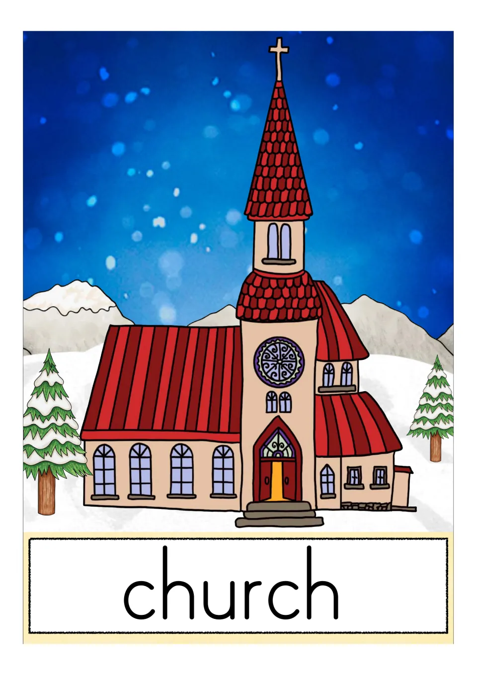 Picture-word card for church: a red-roofed church with a tall steeple and cross in a snowy mountain setting