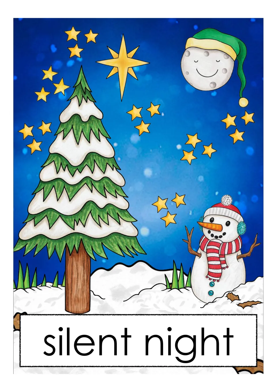 Silent night word card: a sleepy moon in a nightcap, stars, a snowy fir tree and a snowman under a dark sky