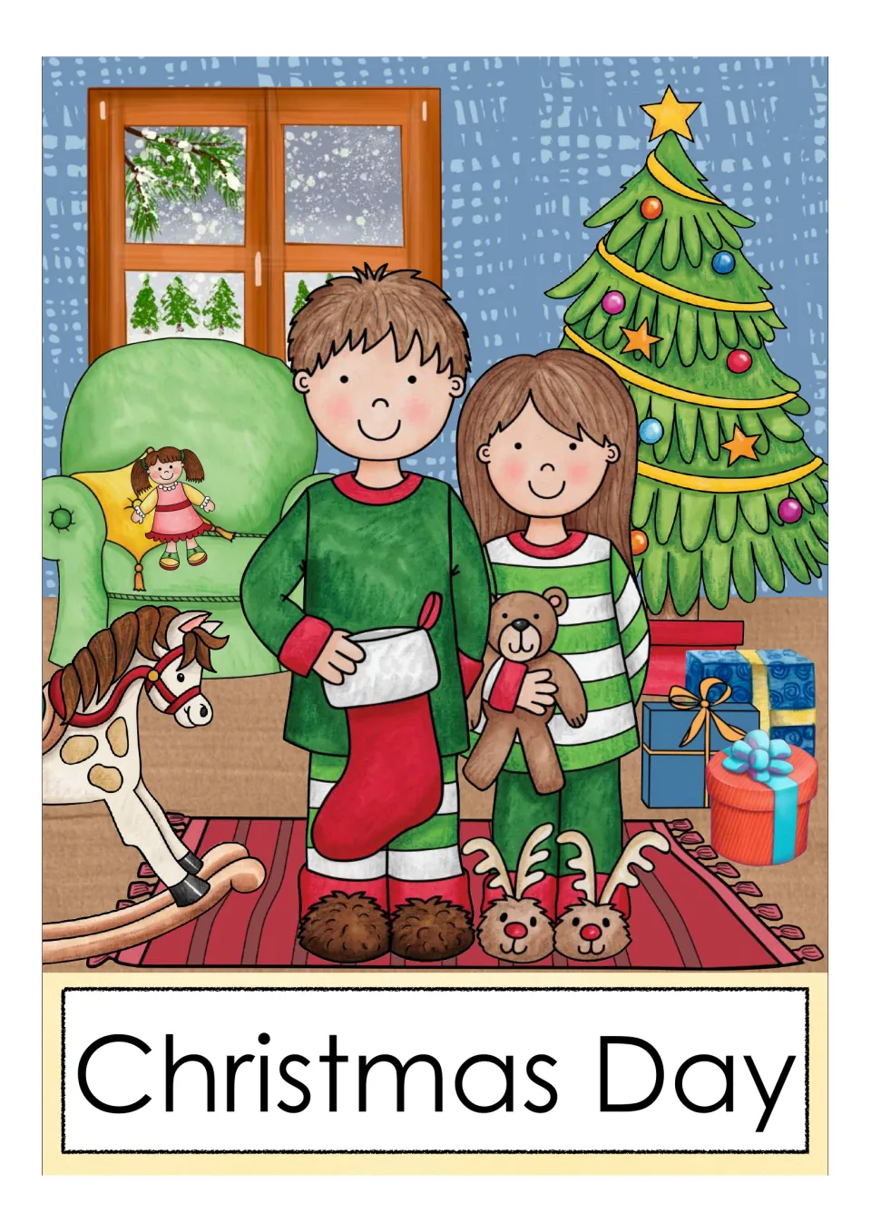 Christmas Day vocabulary card: two children in pajamas holding a stocking and a teddy bear beside a tree and presents