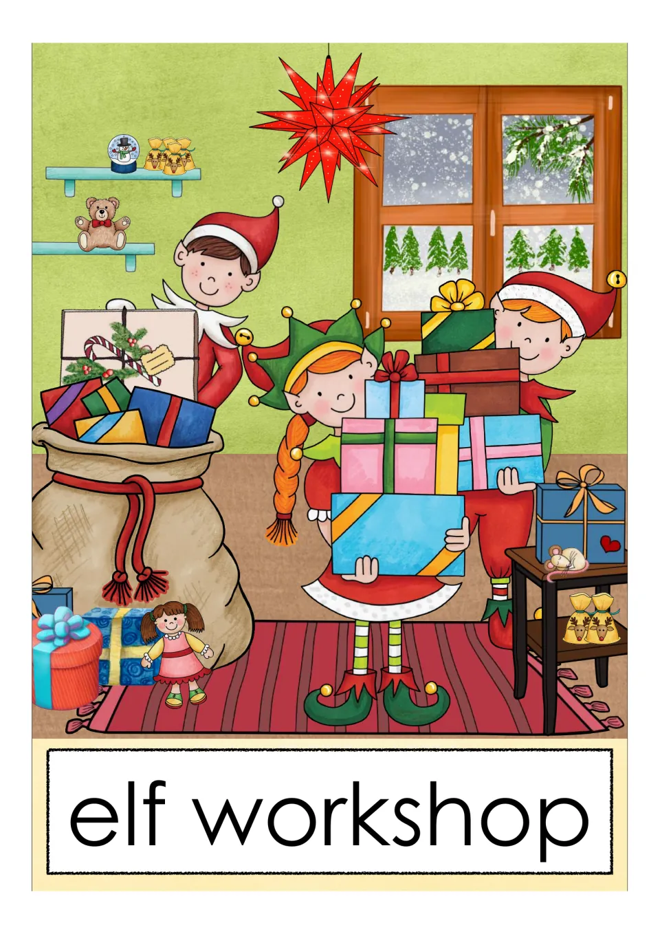 Elf workshop picture card: three elves carry stacks of wrapped gifts past a toy sack, doll and shelves of toys