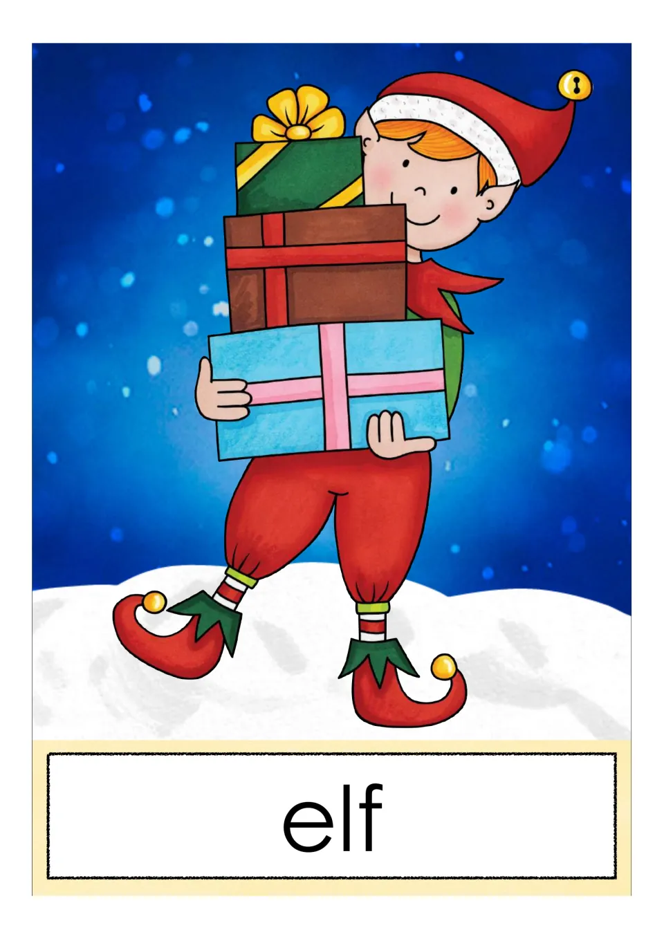 Word card for elf: a single smiling elf in a pointed hat and curled shoes carrying three wrapped presents in snow