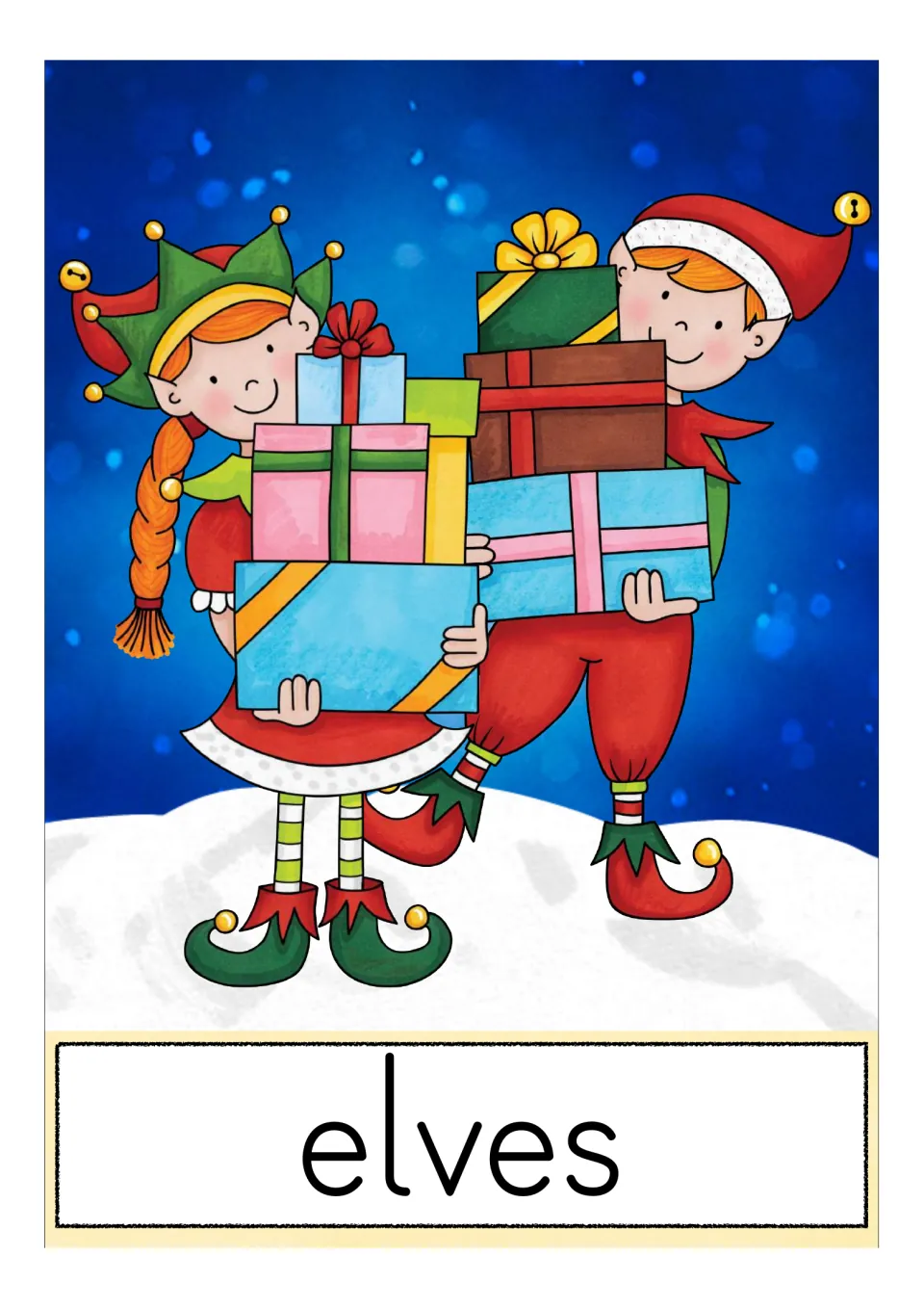 Elves card showing two elves, a girl with a braid and a boy, each carrying a tall stack of gifts on snowy ground