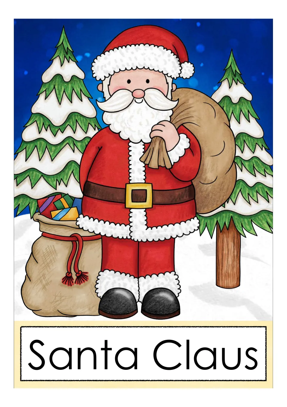 Santa Claus card: Santa in his red suit with a sack over his shoulder and a bag of toys beside him among snowy pines