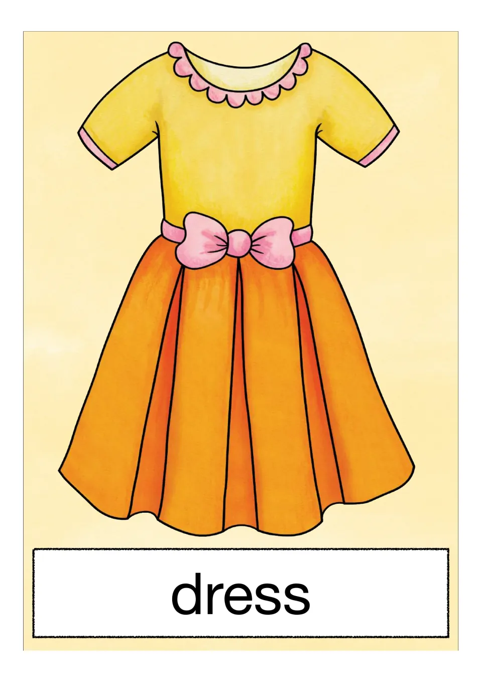 Vocabulary card for 'dress': a yellow short-sleeved dress with a pink bow and full orange skirt, labelled with the word