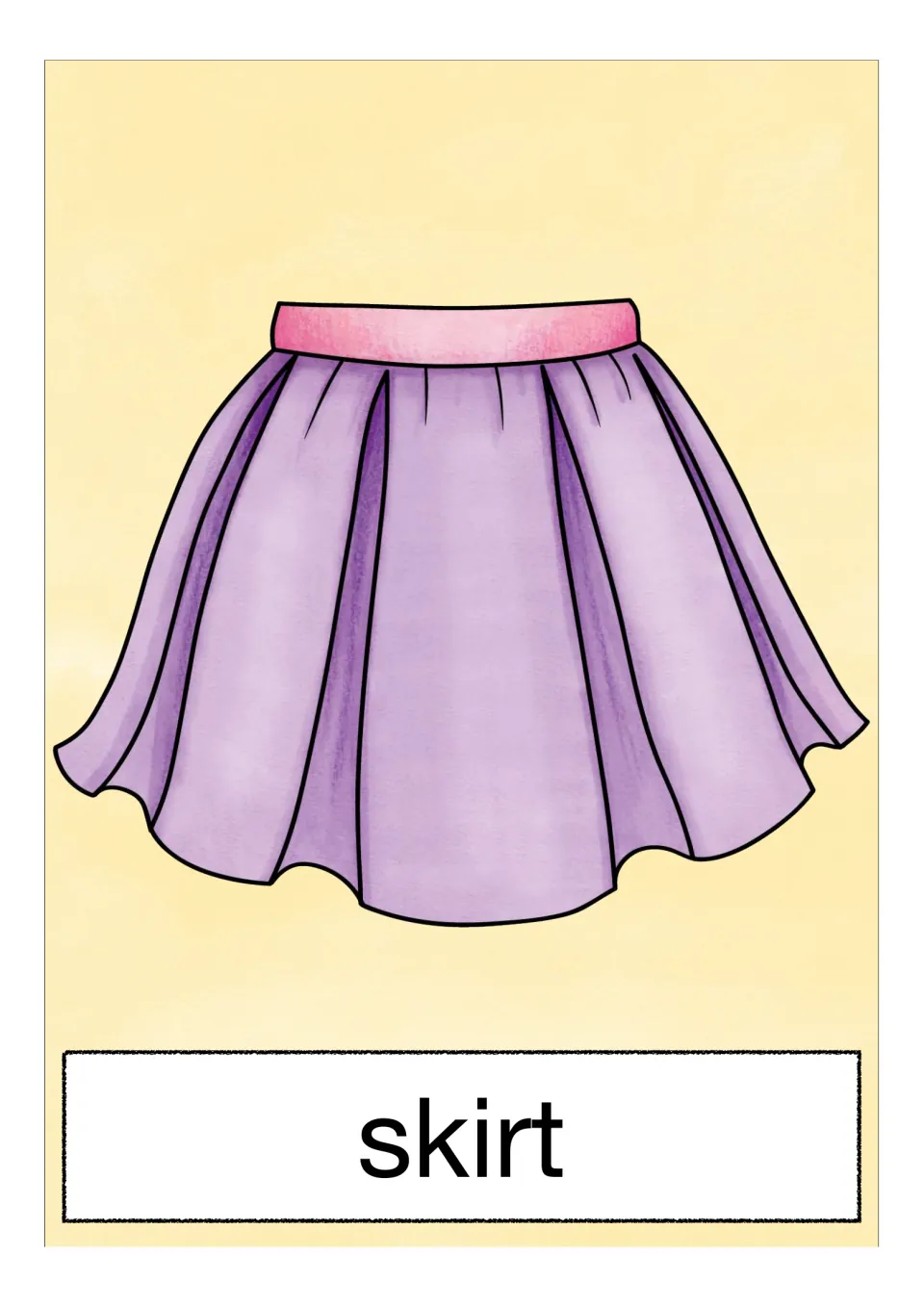 Clothing word 'skirt' shown under a drawing of a pleated purple skirt with a pink waistband, for picture-word naming