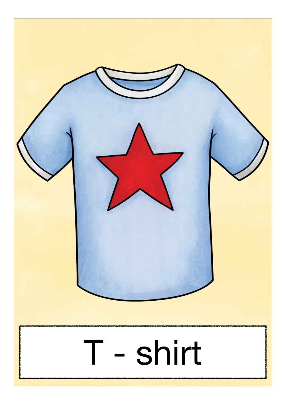 'T-shirt' picture card: a light blue short-sleeved T-shirt with a red star on the front, the word printed below it