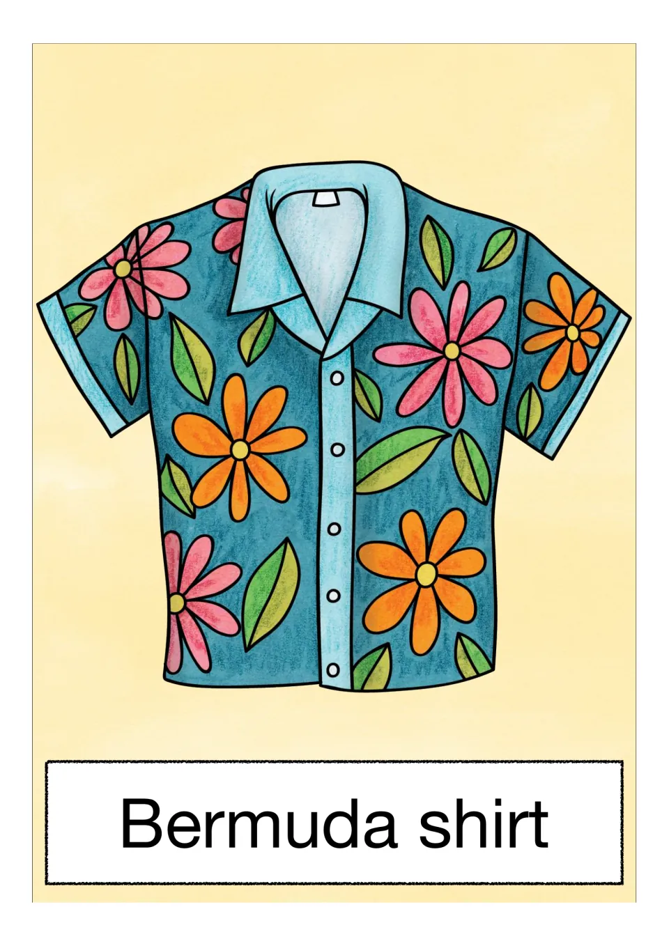 'Bermuda shirt' card showing a teal button-up shirt with orange and pink flowers and green leaves, labelled underneath
