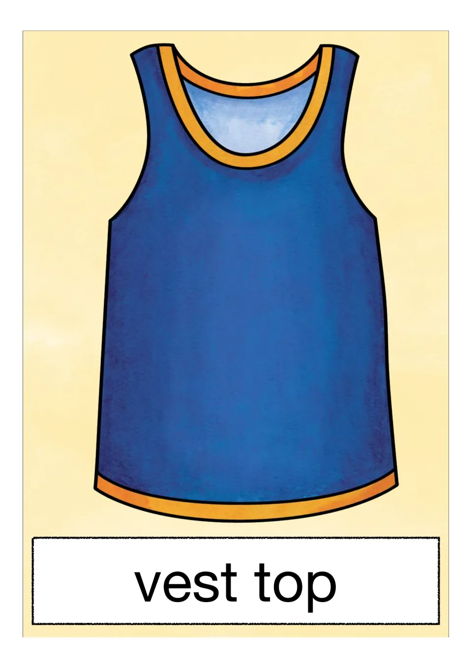 British term 'vest top' labels a sleeveless navy blue top with orange trim at the neckline and hem