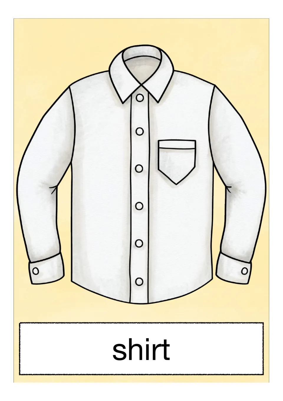 'Shirt' card: a white long-sleeved button-up shirt with a collar, cuffs and a chest pocket, with its name printed below