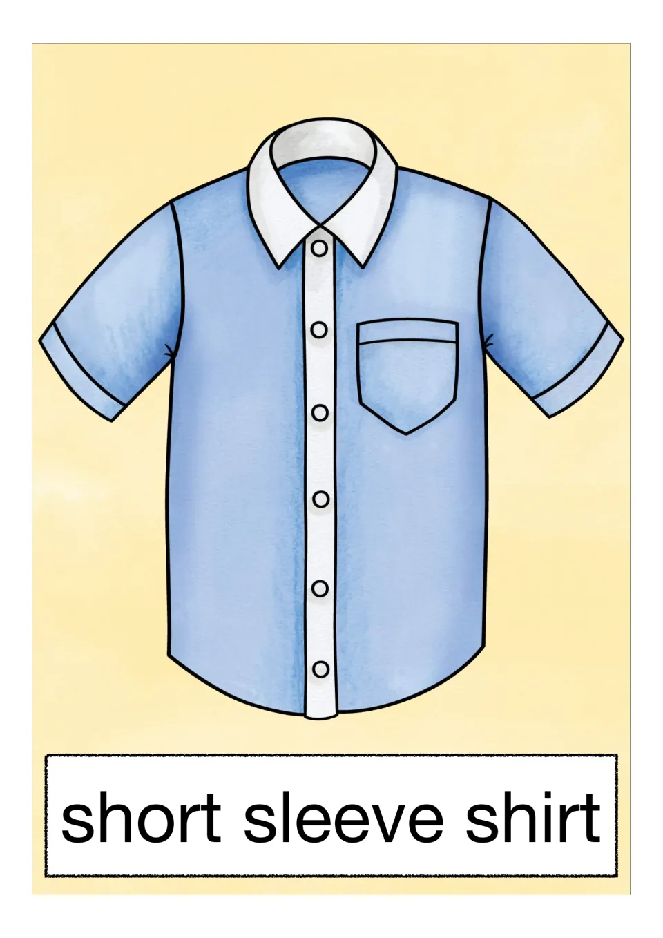 'Short sleeve shirt' labels a pale blue collared button-up shirt with a pocket, for contrasting sleeve lengths