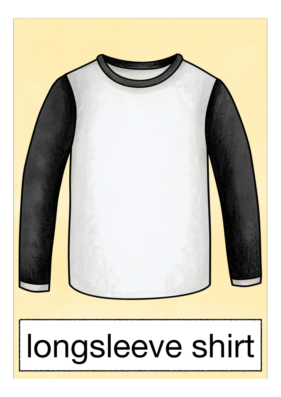 'Longsleeve shirt' card: a white top with black long sleeves and a round black neckline, the name written beneath