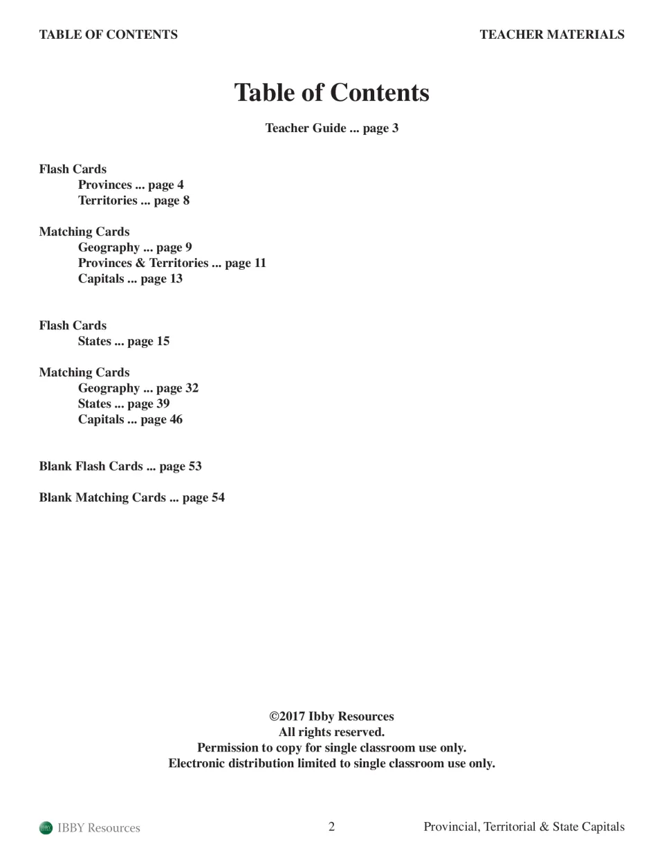 Table of contents for the capitals resource lists the teacher guide, flashcards, matching cards, and blanks