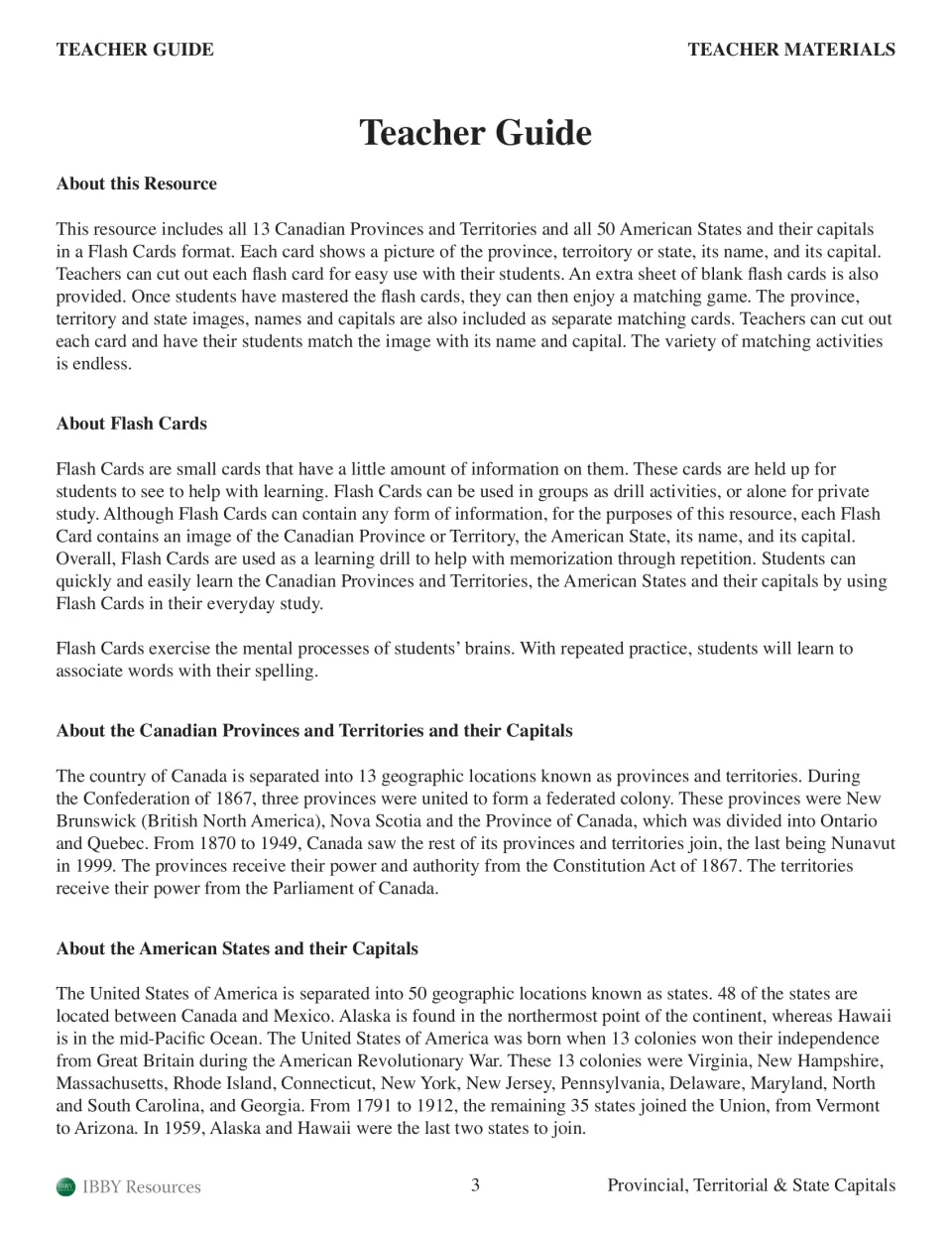 Teacher guide explains the 63 capitals flashcards, matching activities, and Canadian and U.S. geography